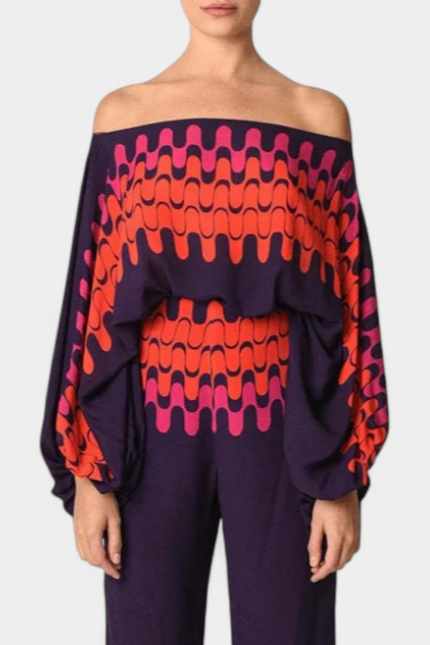 Sybella Conjunto de Dos Piezas con Hombros Descubiertos y Pantalones Amplios Estampados