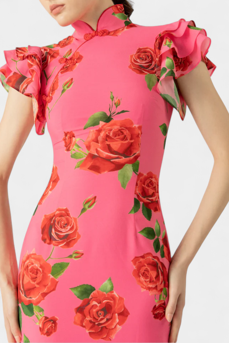Mayra Vestido Qipao con Estampado de Rosas Elegante