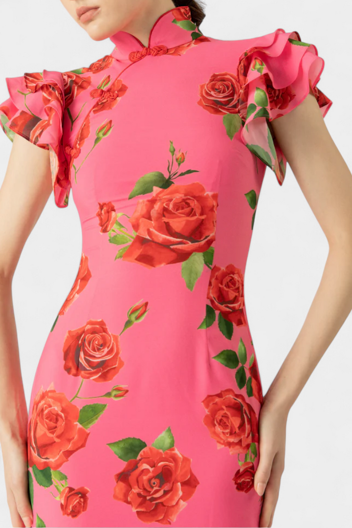 Mayra Vestido Qipao con Estampado de Rosas Elegante