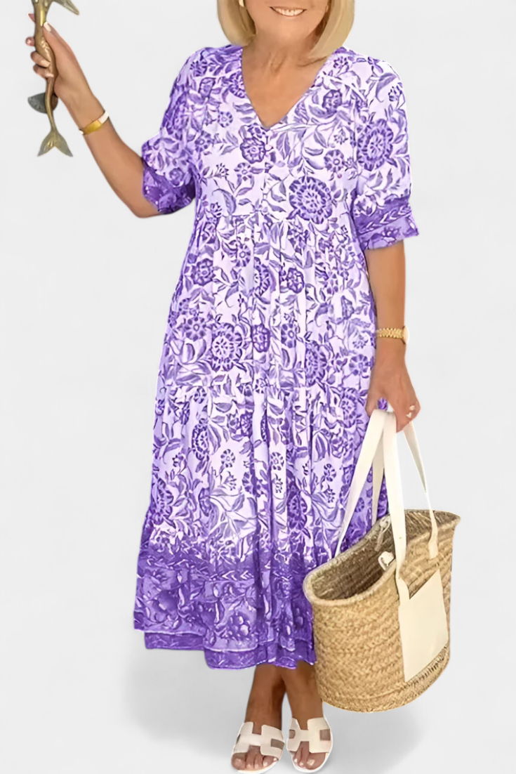 Elcira Vestido Bohemio Floral con Escote en V y Volantes