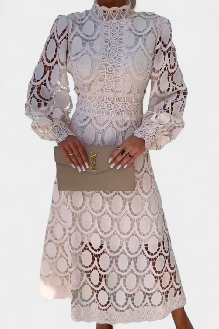 Lucinda Vestido Midi de Encaje con Mangas Farol y Cuello Alto