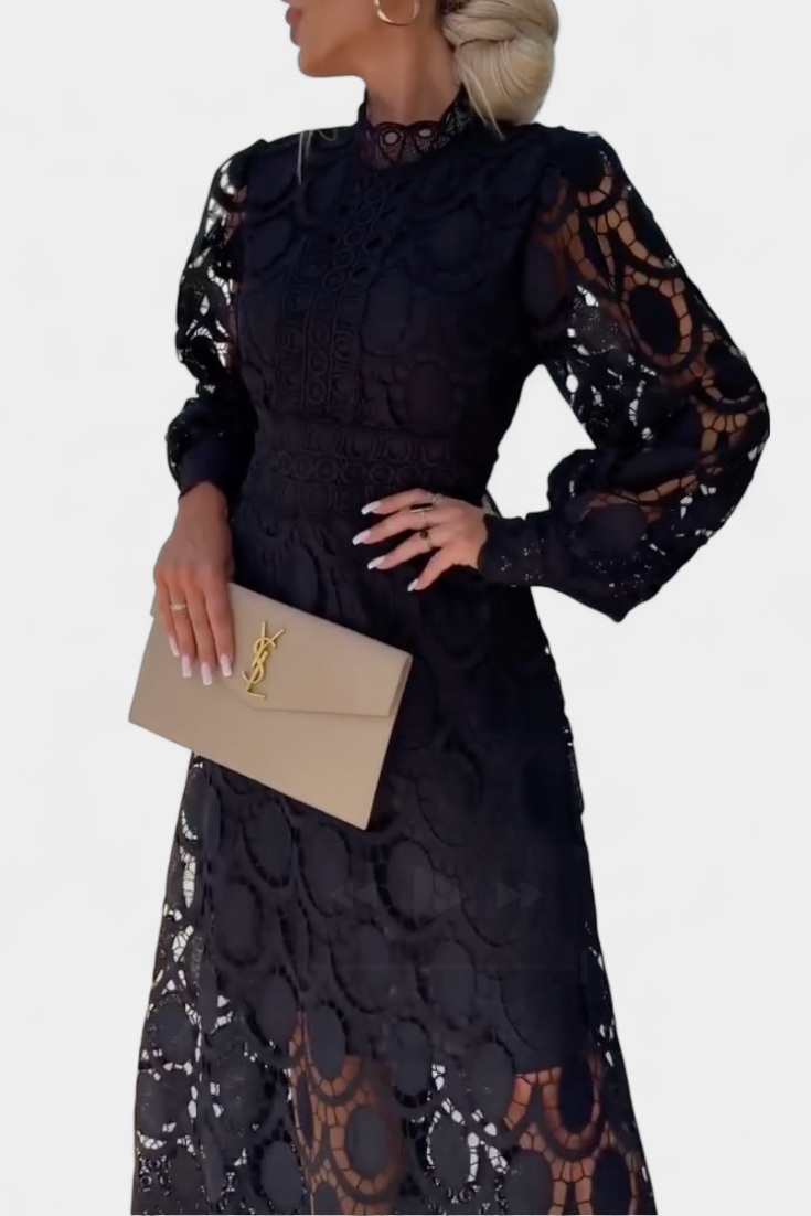 Lucinda Vestido Midi de Encaje con Mangas Farol y Cuello Alto