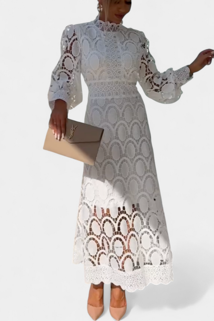 Lucinda Vestido Midi de Encaje con Mangas Farol y Cuello Alto