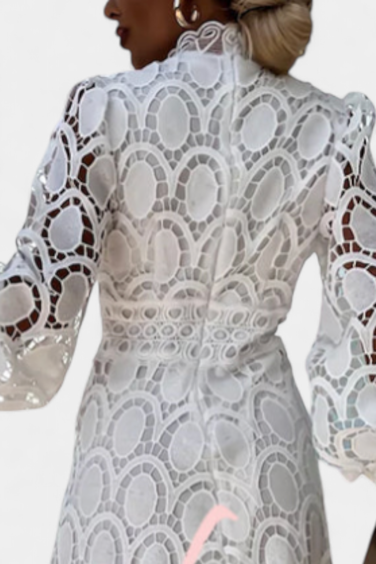 Lucinda Vestido Midi de Encaje con Mangas Farol y Cuello Alto