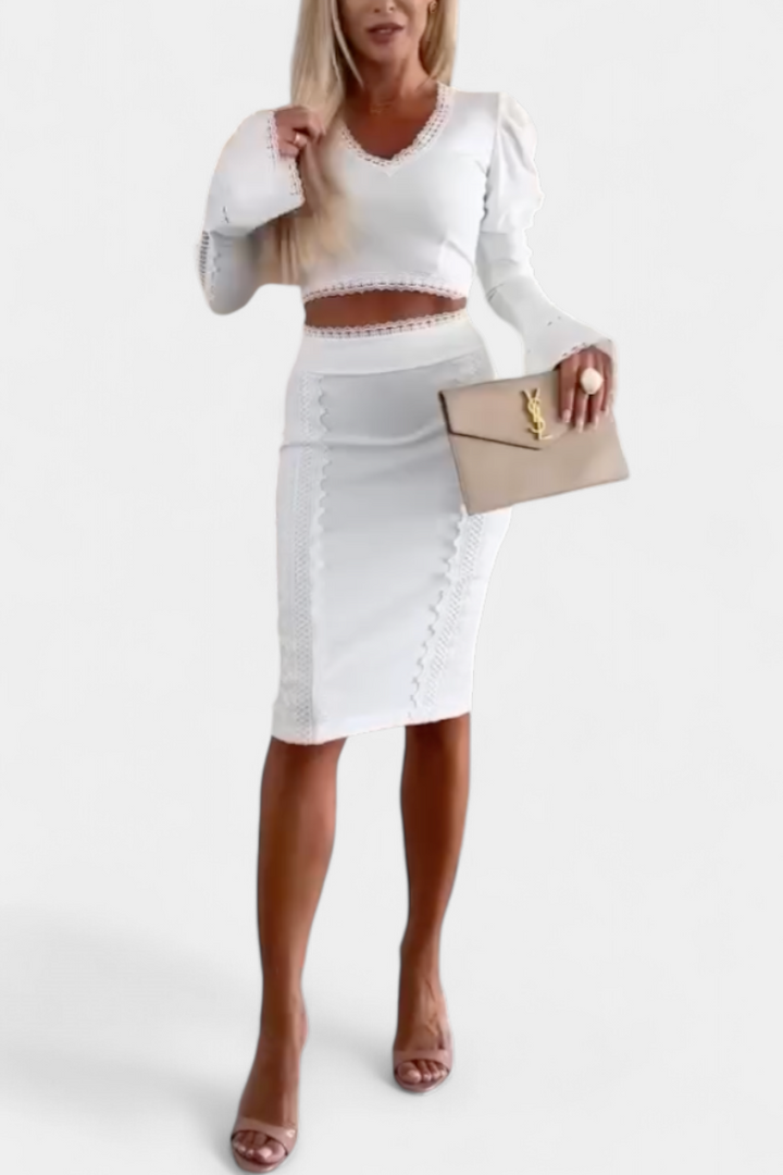 Minerva Conjunto Elegante de Top con Encaje y Falda de Cintura Alta