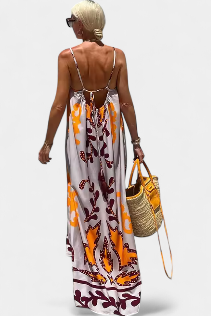 Vilma Vestido con Estampado Tropical y Espalda Descubierta