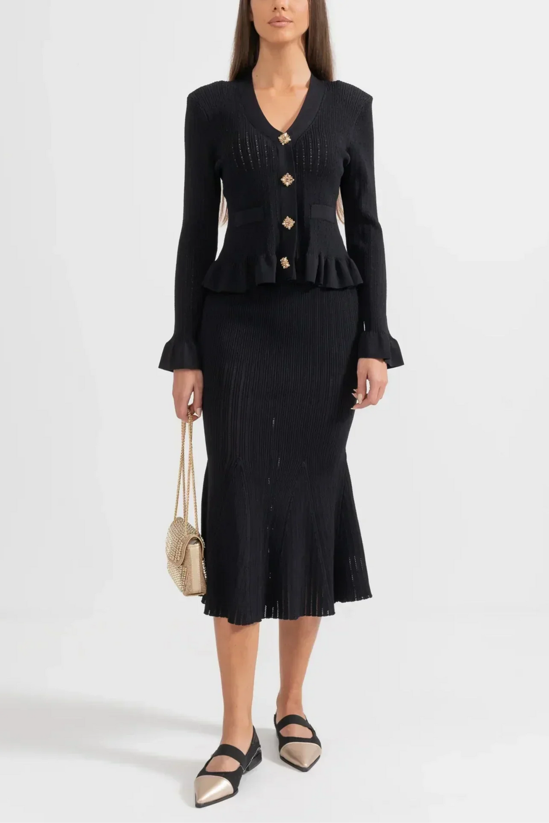 Prudence Conjunto de Vestido Midi de Punto Refinado y Top con Botones