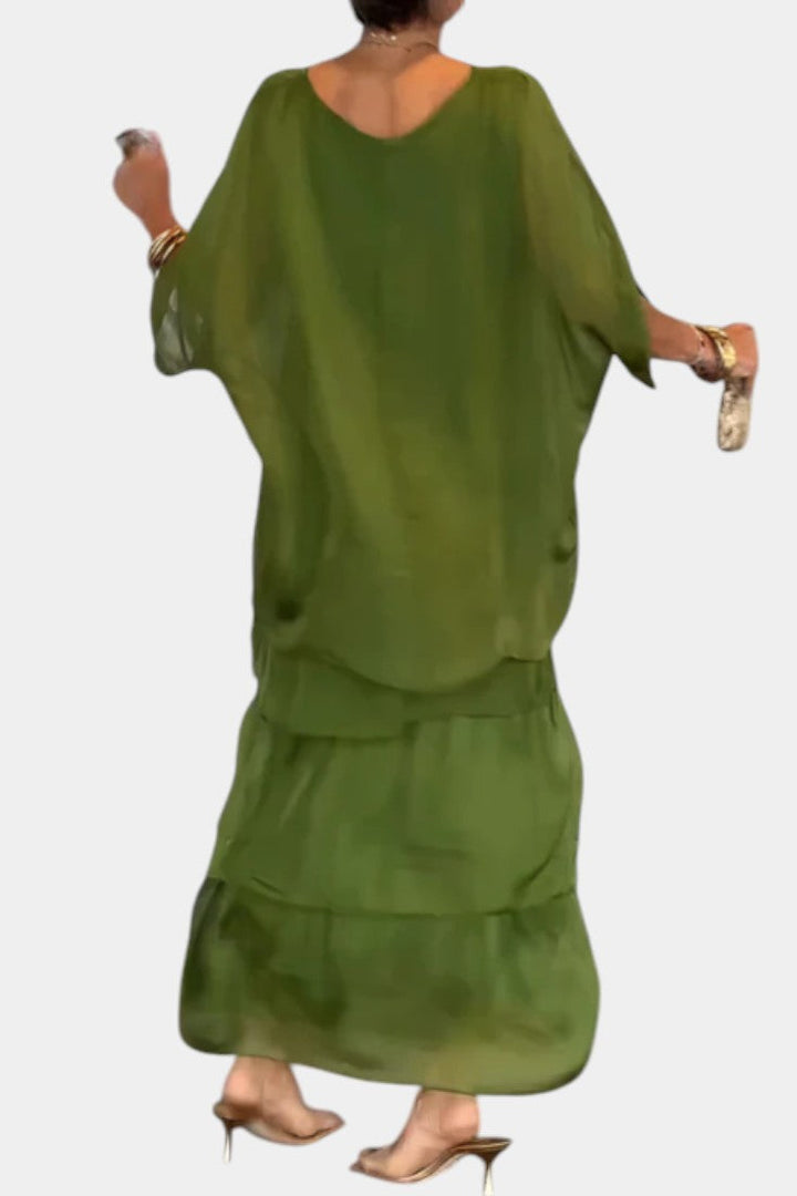 Caroline Vestido Maxi con Volantes y Mangas Murciélago