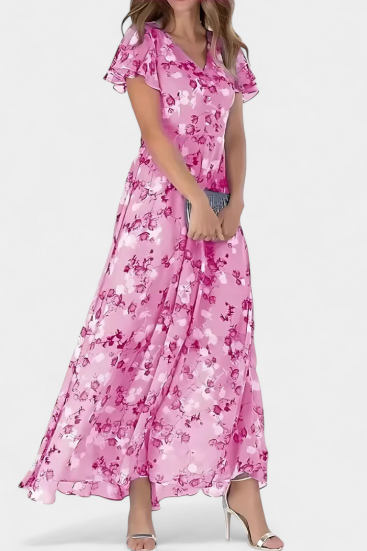 Amara Vestido Maxi Floral con Escote en V y Mangas Aladas