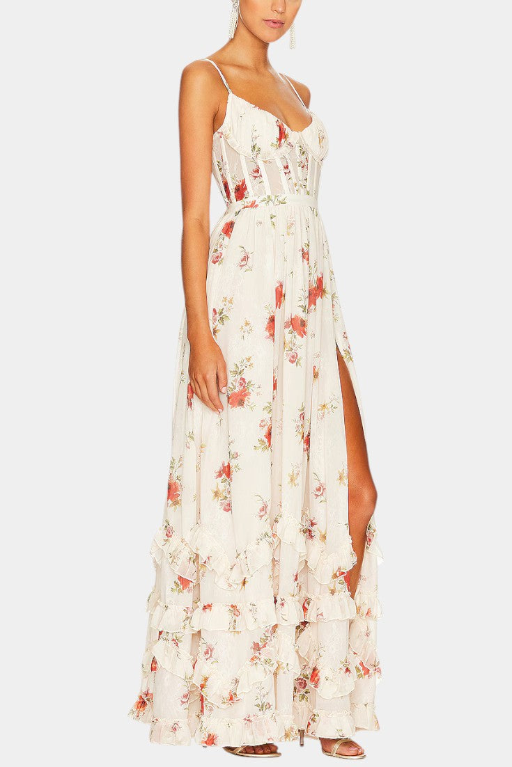 Luna Vestido Maxi con Corsé Floral y Silueta Sofisticada