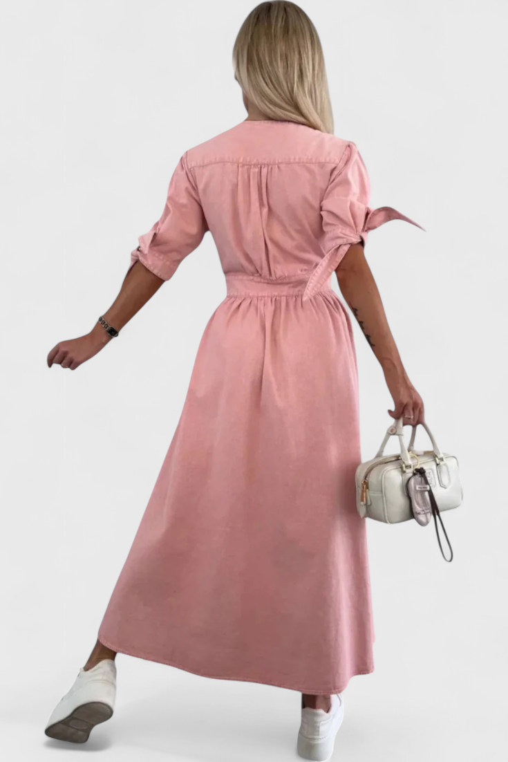 Adelina Vestido Midi de Denim con Botones y Escote en V