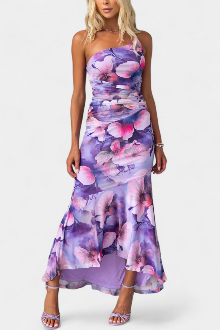 Abigail Vestido Largo de Floral con Una Sola Manga