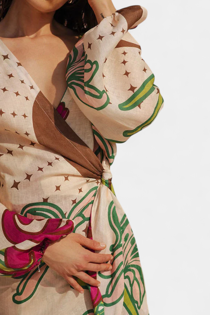 Fana Vestido Cruzado Estampado Floral con Lazo a la Cintura