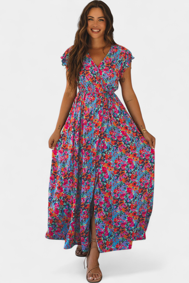 Ximena Vestido Cruzado Largo con Estampado Floral y Abertura Lateral