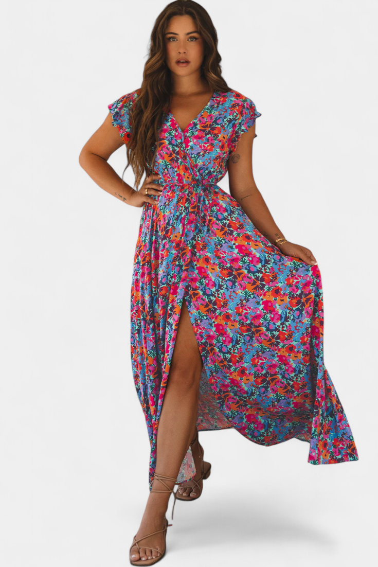 Ximena Vestido Cruzado Largo con Estampado Floral y Abertura Lateral