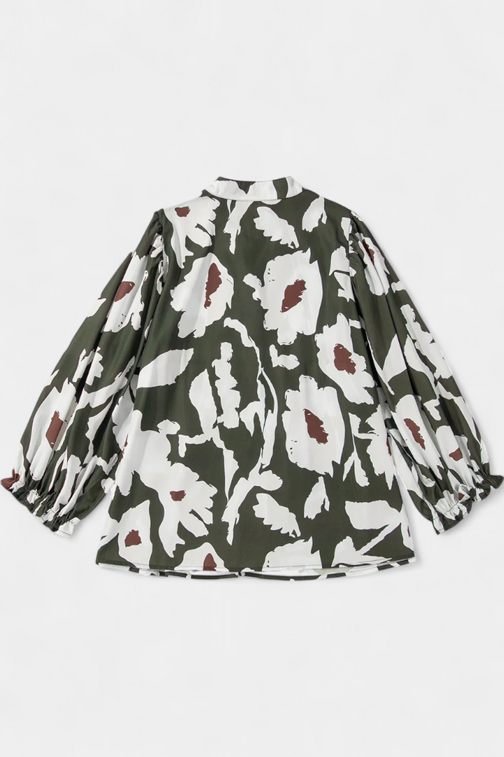 Filomena Blusa con Media Botonadura y Manga Abullonada en Estampado Floral Abstracto