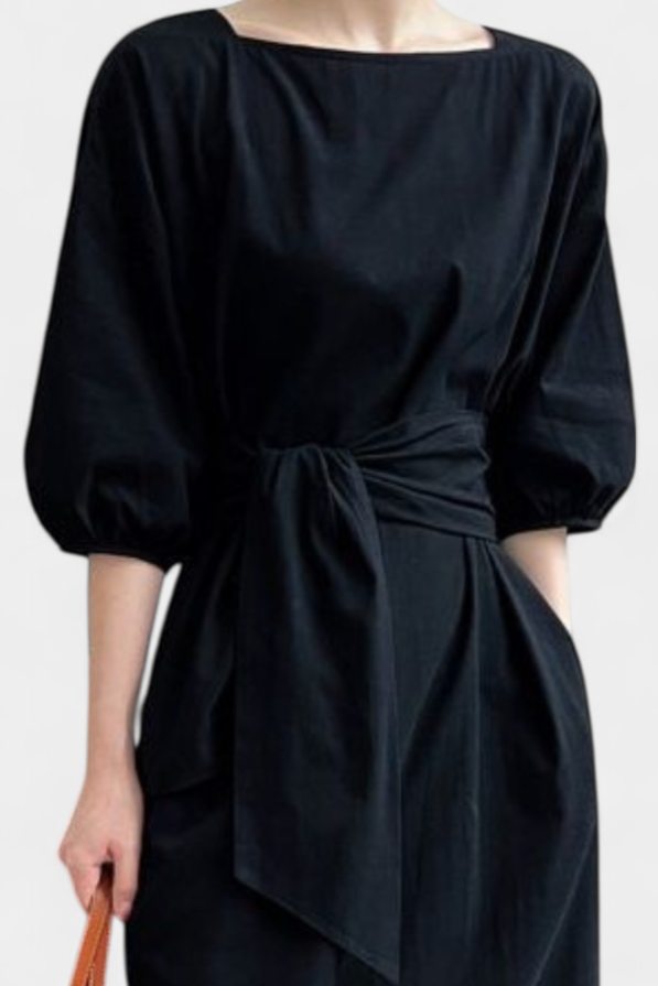 Krisbel Vestido de Lino Algodón con Cintura Anudada