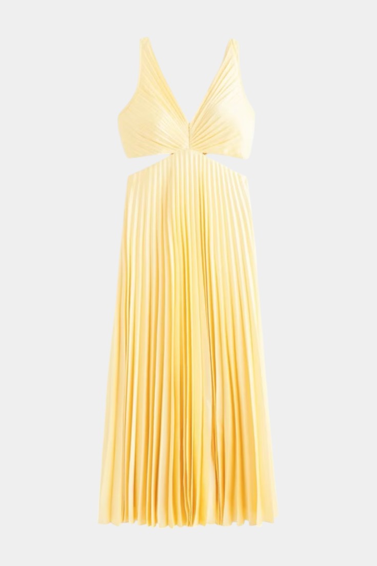 Selena Vestido Sin Mangas Plisado con Corte Lateral y Detalle Torcido