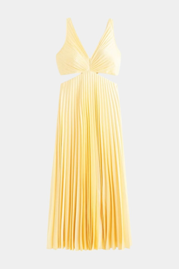 Selena Vestido Sin Mangas Plisado con Corte Lateral y Detalle Torcido