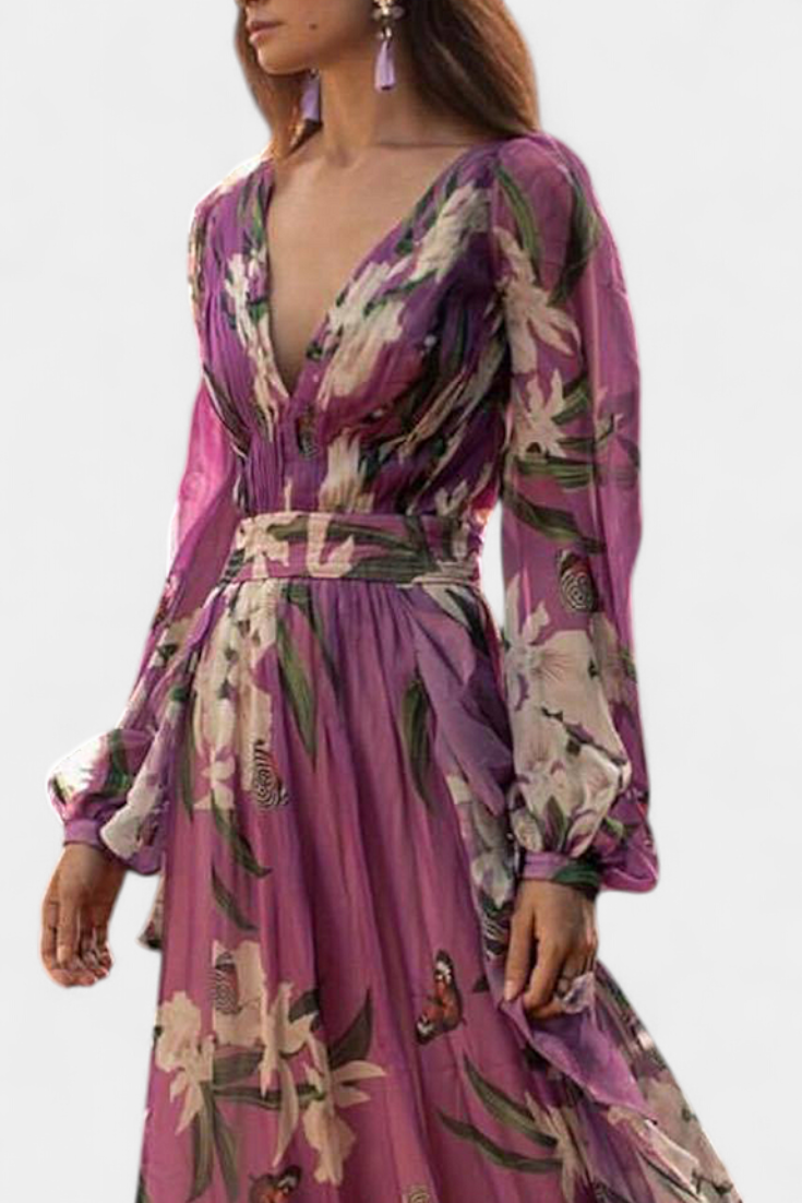 Roselle Vestido Floral Casual de Malla con Escote en V