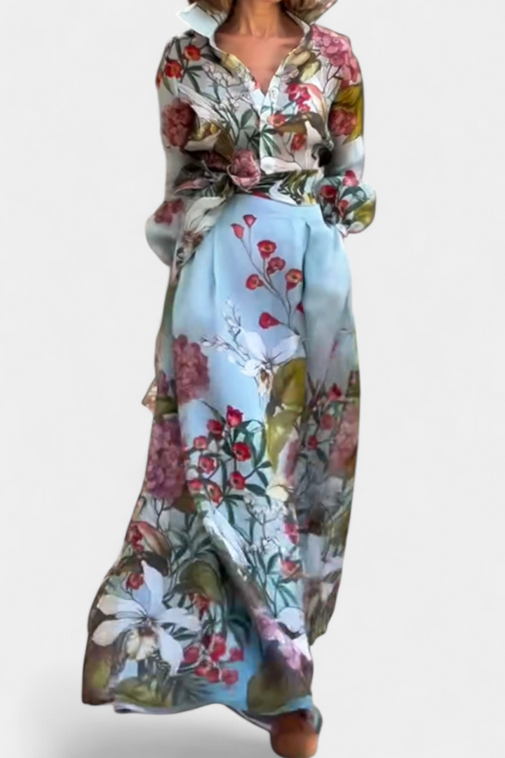 Sanne Conjunto Elegante Estampado de Camisa y Pantalón Fluido