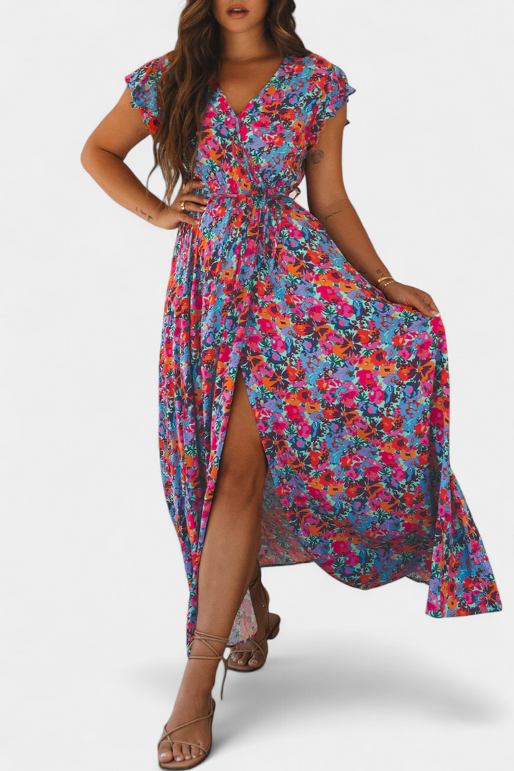 Ximena Vestido Cruzado Largo con Estampado Floral y Abertura Lateral