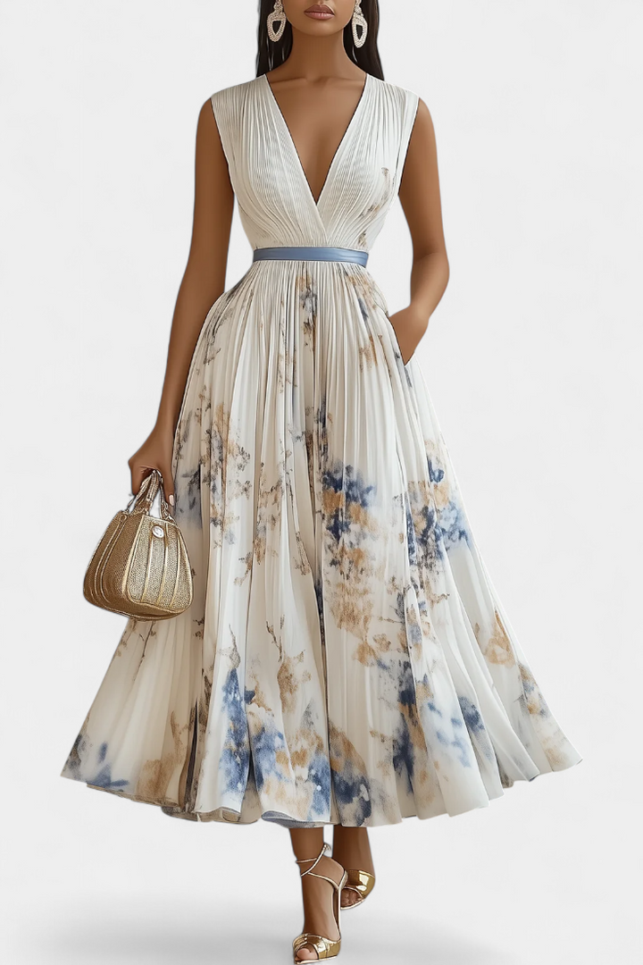 Elise Vestido Midi Sin Mangas con Estampado Floral y Plisado