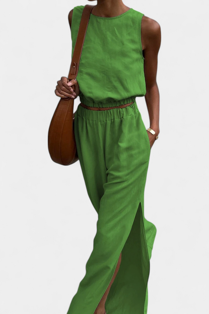 Portia Conjunto de Algodón y Lino con Abertura Lateral