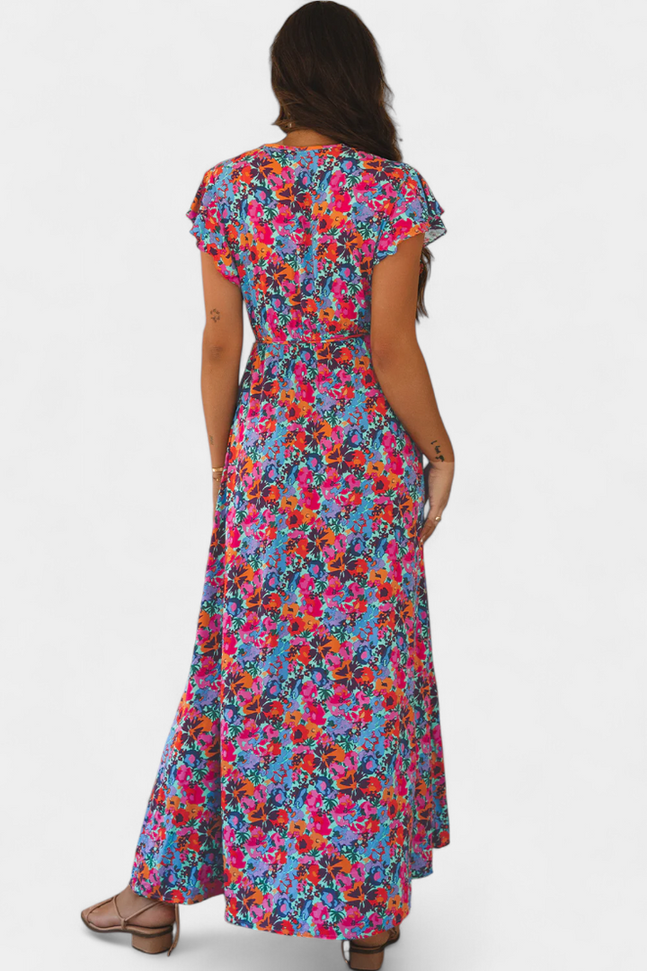Ximena Vestido Cruzado Largo con Estampado Floral y Abertura Lateral
