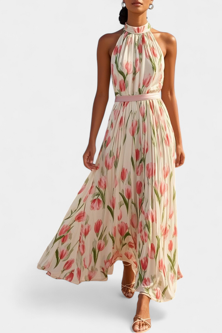 Juliene Vestido Floral Sin Mangas con Cinturón