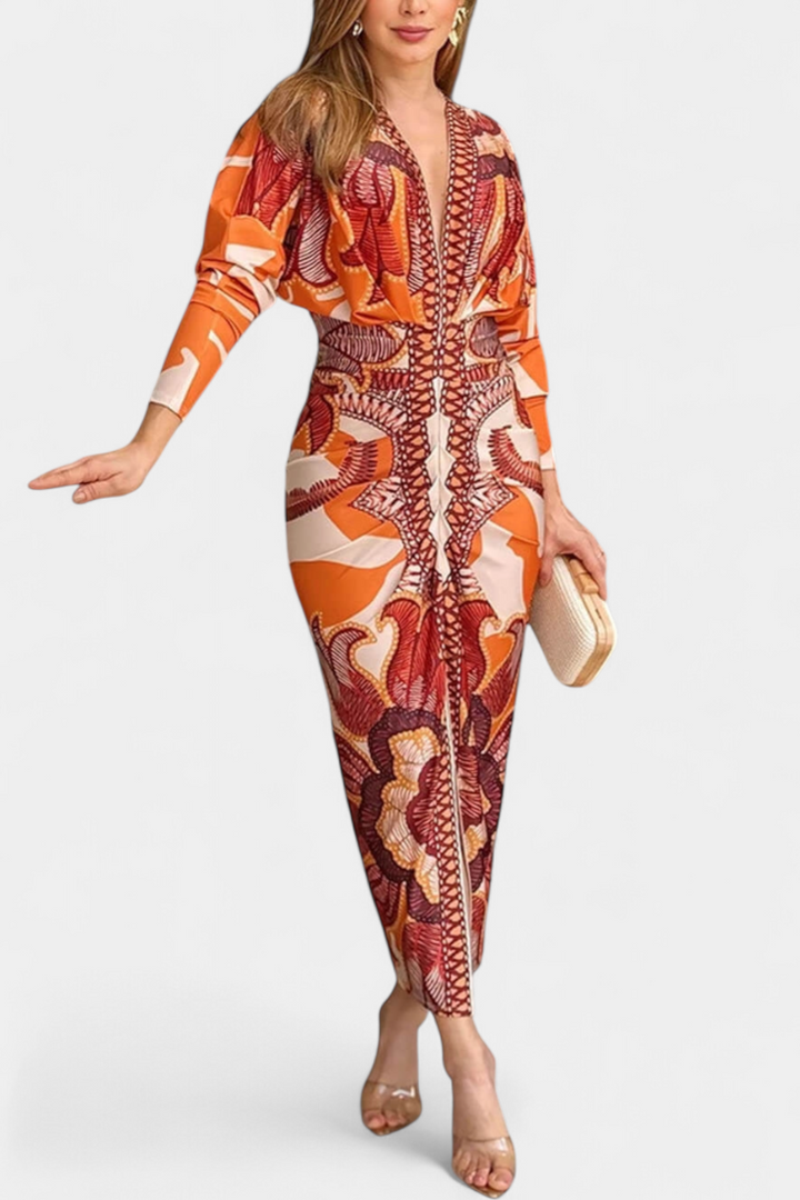 Diva Vestido Largo con Estampado Floral, Escote en V y Abertura Lateral