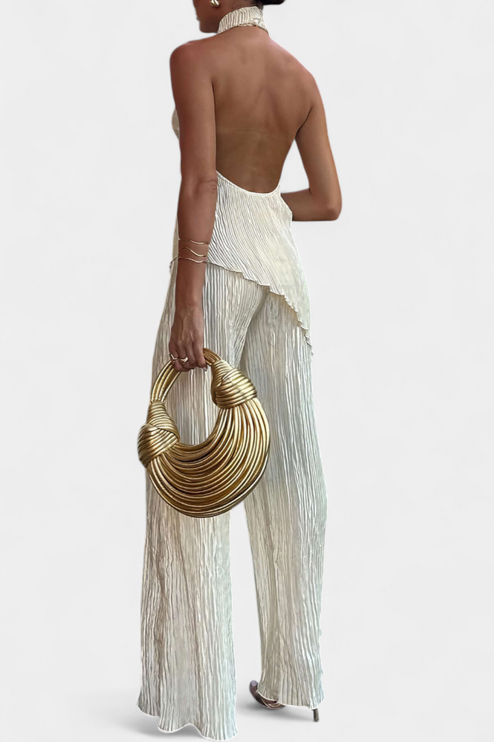 Pilarica Conjunto Plisado con Top Asimétrico Halter y Pantalón Fluido