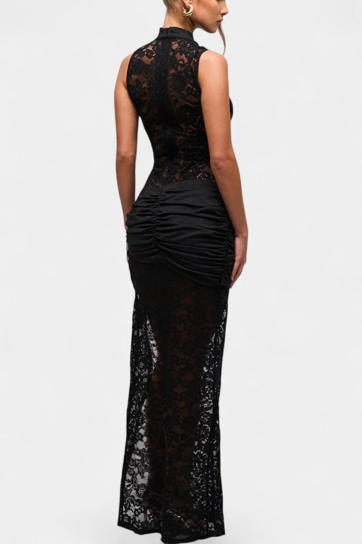 Irina Vestido Maxi de Encaje con Detalles Dorados