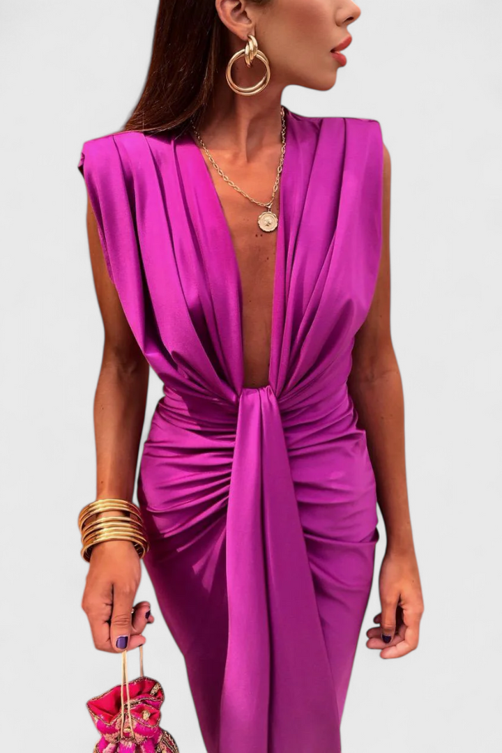 Lakisha Vestido Midi Fruncido con Escote Profundo