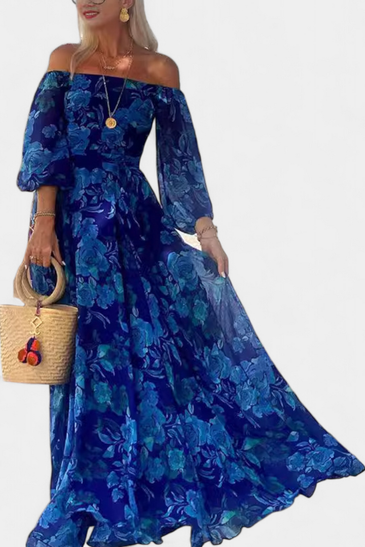 Davina Vestido Largo Off-Shoulder con Estampado Floral Romántico