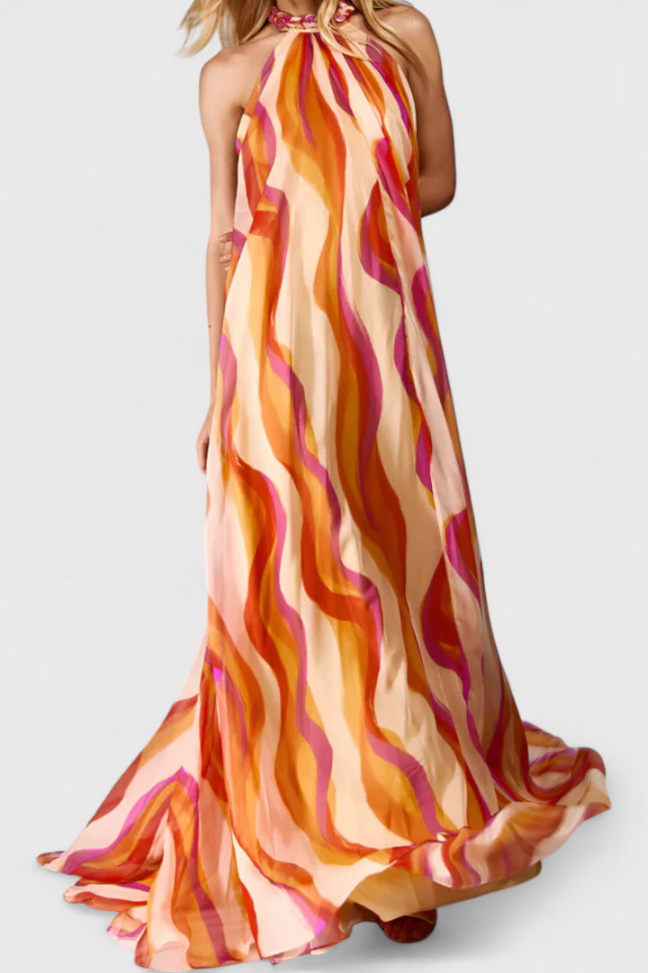 Remi Vestido Maxi Halter con Estampado Ondulado y Trenzado Elegante