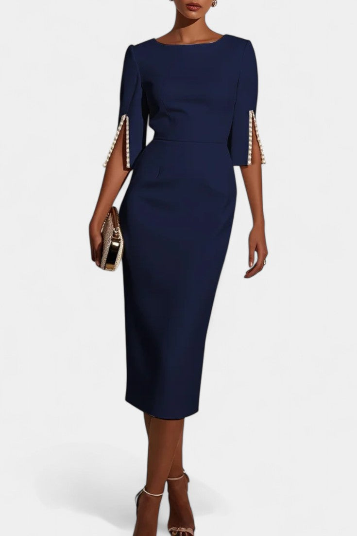 Reece Vestido Midi con Perlas y Cuello Redondo