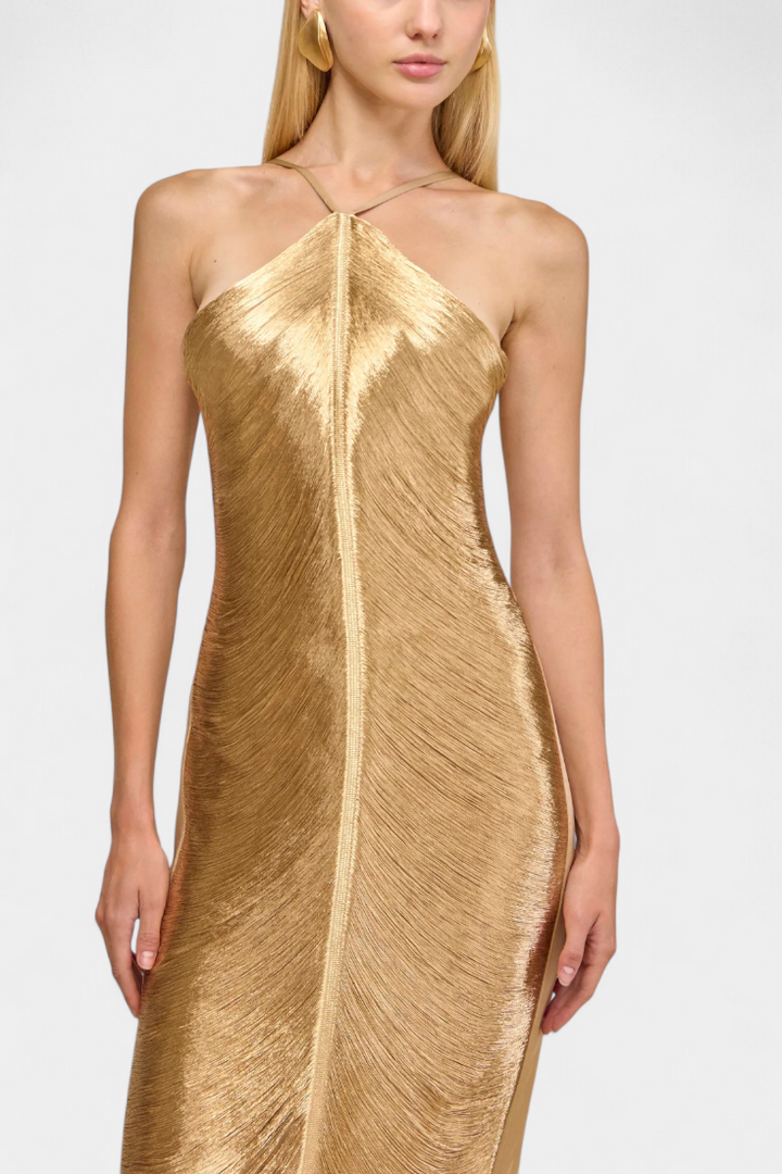 Jianna Vestido Halter con Flecos Metálicos