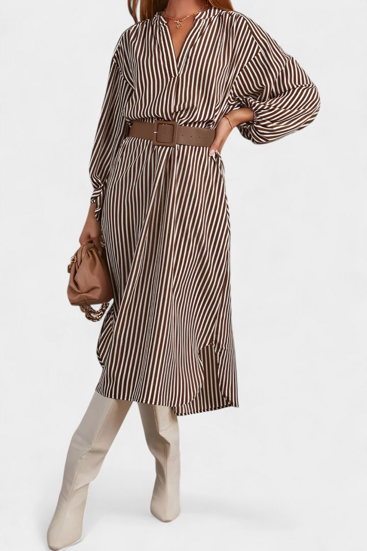 Eliana Vestido Rayado con Cinturón y Cuello de Muesca