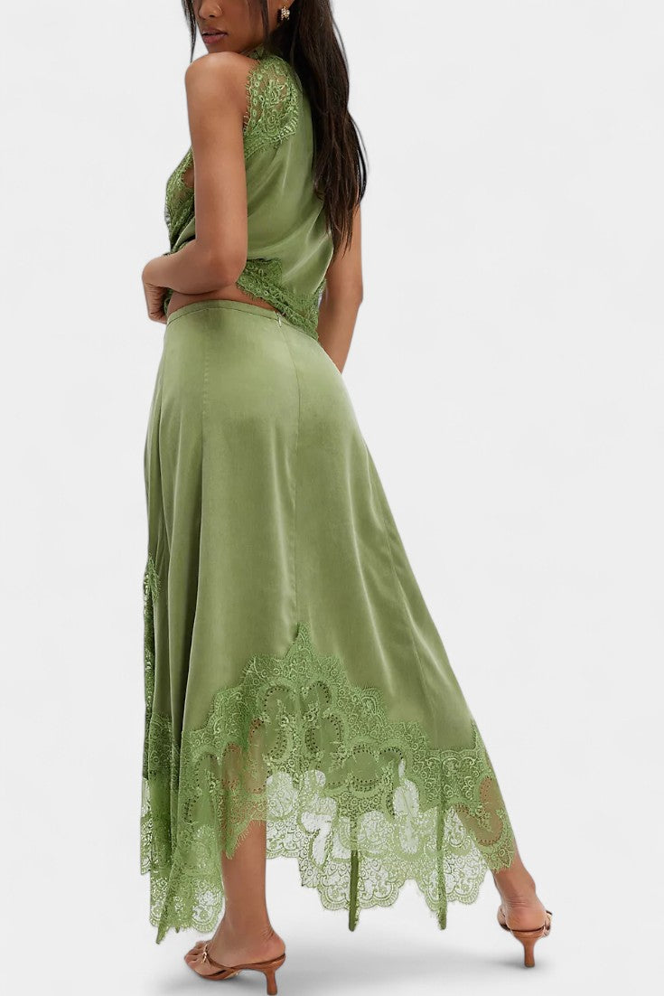 Coralena Conjunto de Falda Midi de Encaje con Dobladillo Asimétrico