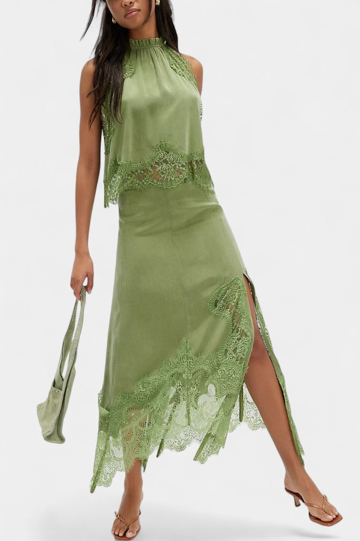 Coralena Conjunto de Falda Midi de Encaje con Dobladillo Asimétrico