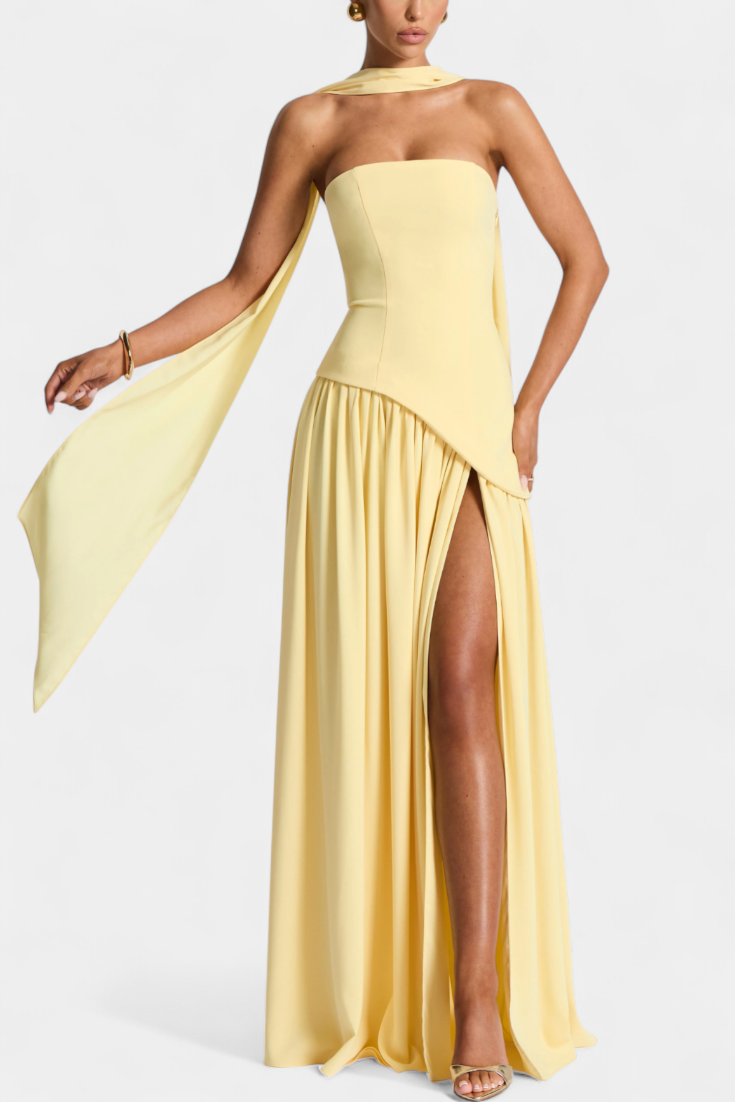 Celaena Vestido Maxi Off Shoulder de Chiffon con Abertura Lateral