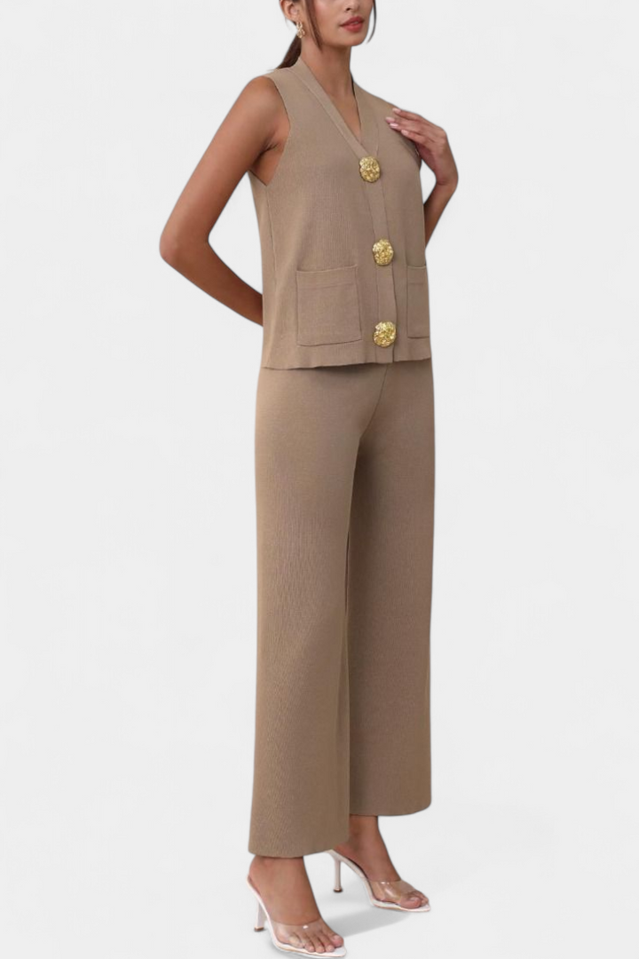 Jacey Conjunto de Punto con Chaleco y Pantalón de Pierna Ancha