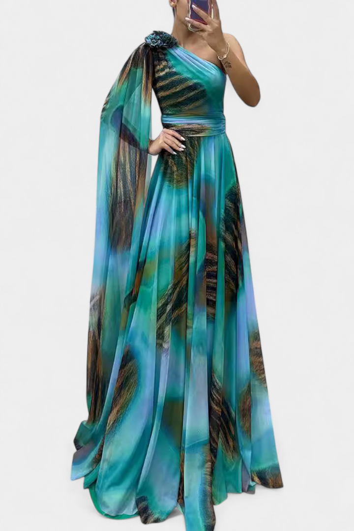 Cedara Vestido Largo de Un Hombro con Detalle Floral