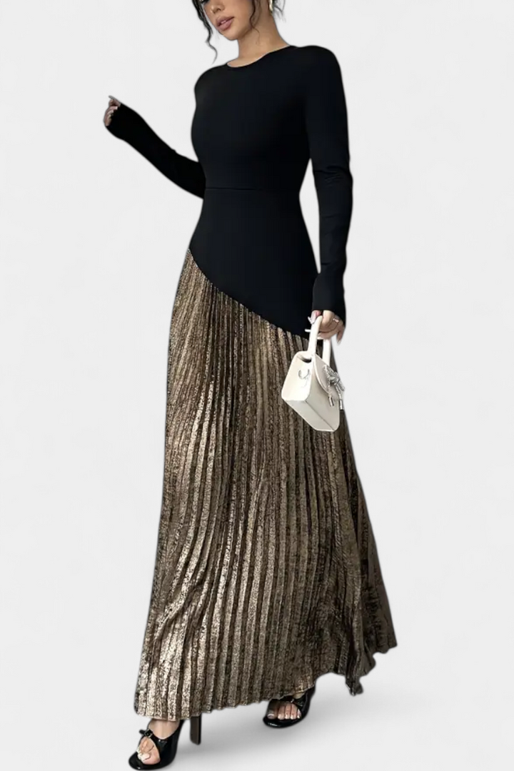 Leya Vestido Elegante de Bloques de Color con Manga Larga