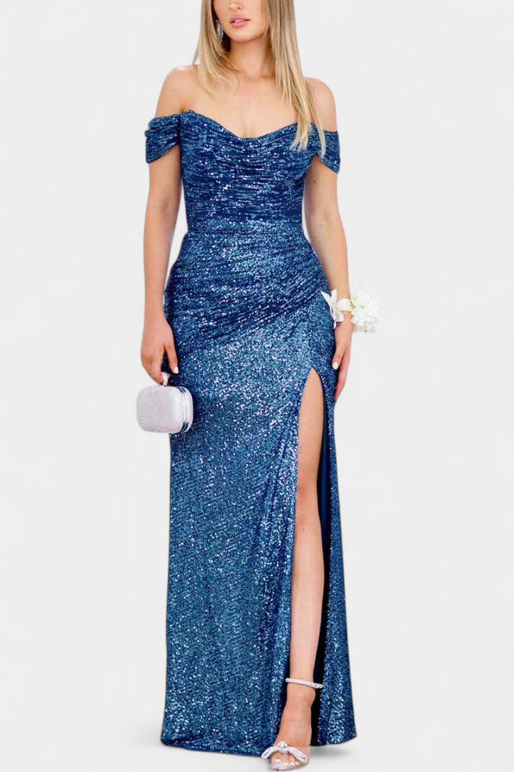 Molinas Vestido de Sirena Off-Shoulder con Lentejuelas