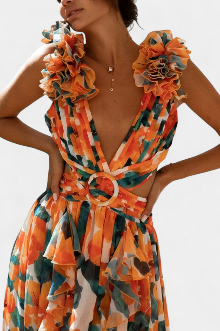 Zuleika Vestido de Chifón con Volantes y Aberturas Laterales