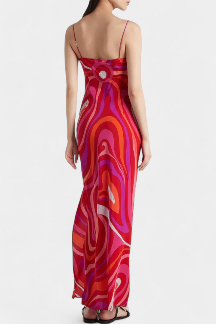 Valera Vestido Largo con Estampado de Remolino y Corte Sin Mangas