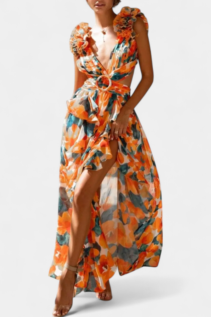 Zuleika Vestido de Chifón con Volantes y Aberturas Laterales