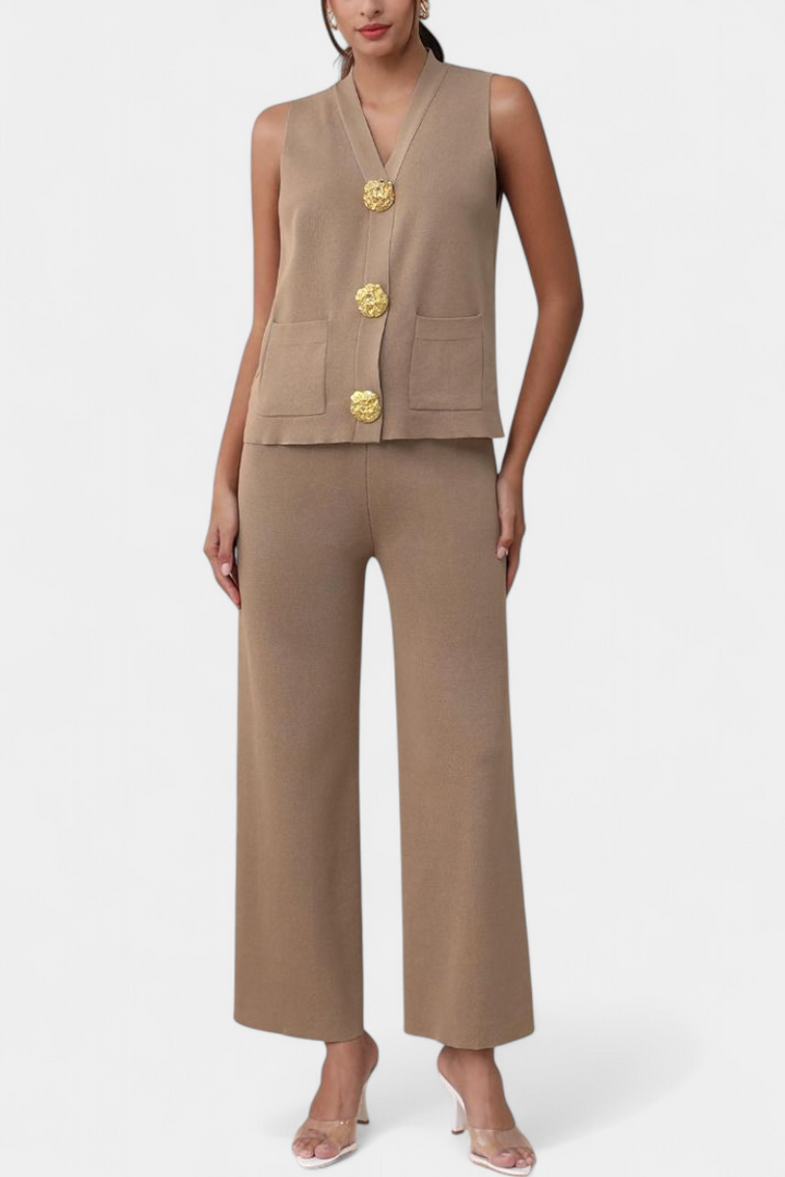 Jacey Conjunto de Punto con Chaleco y Pantalón de Pierna Ancha